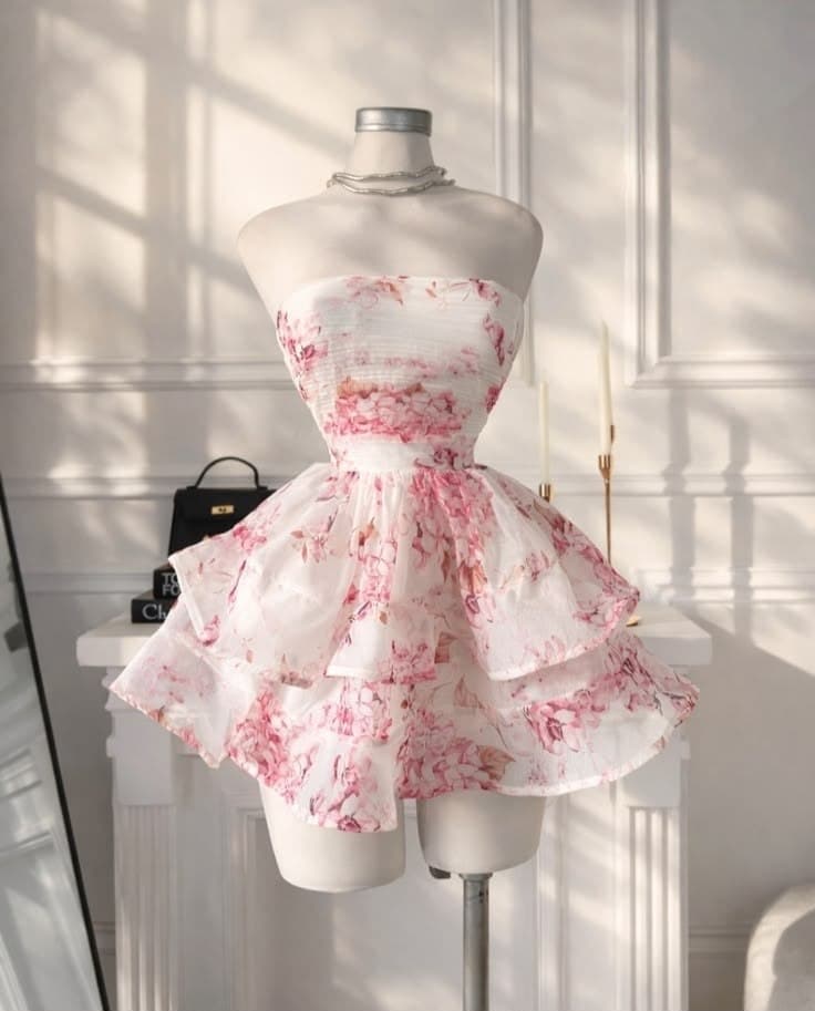 Pink Floral Strapless Tiered Mini Dress