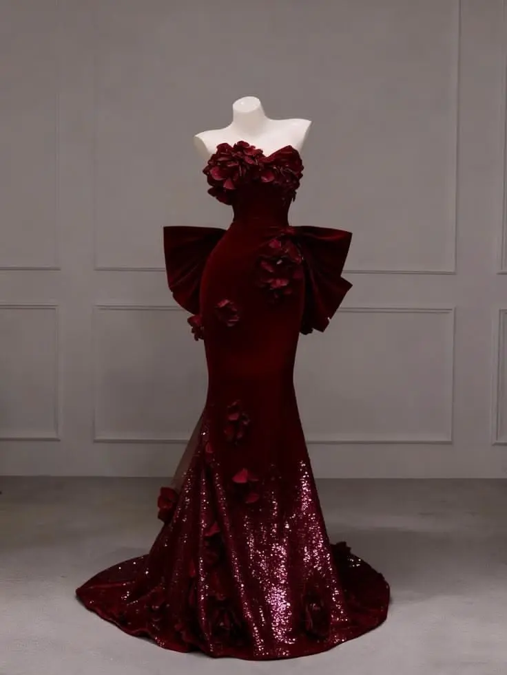 Burgundy Floral Appliqué Mermaid Evening Gown