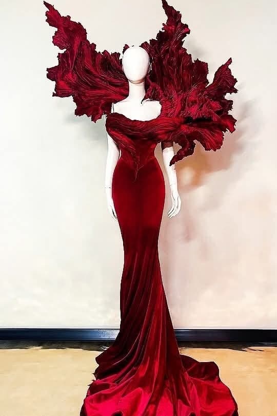Wine Red Sculptural Ruffle Mermaid Gown
