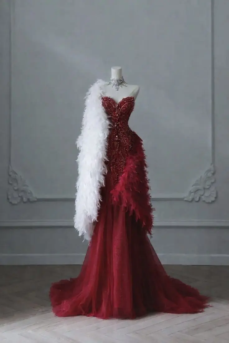Deep Red Beaded Mermaid Gown with Feather Detail