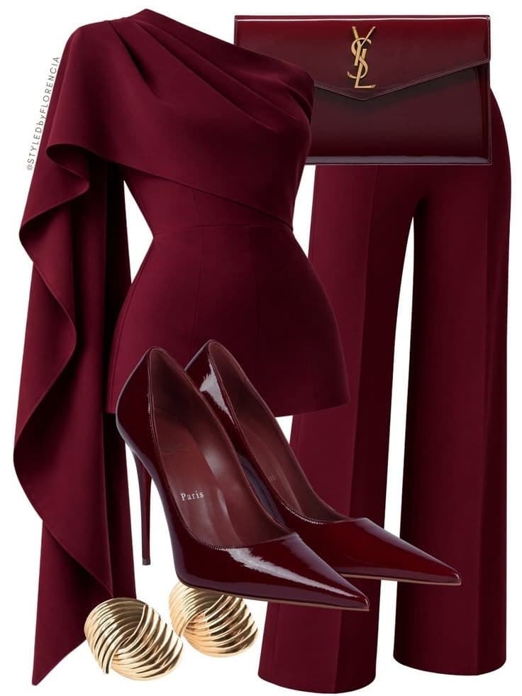 Burgundy One-Shoulder Cape Pantsuit Set