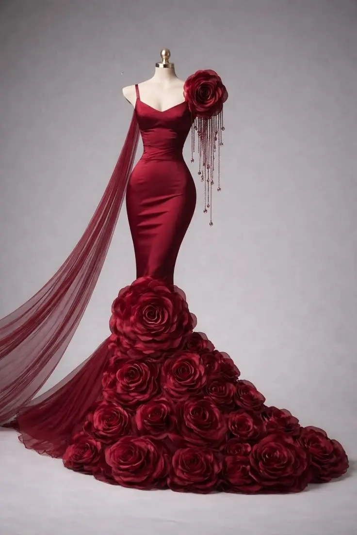 Burgundy Satin Rose Mermaid Gown with Rose Train