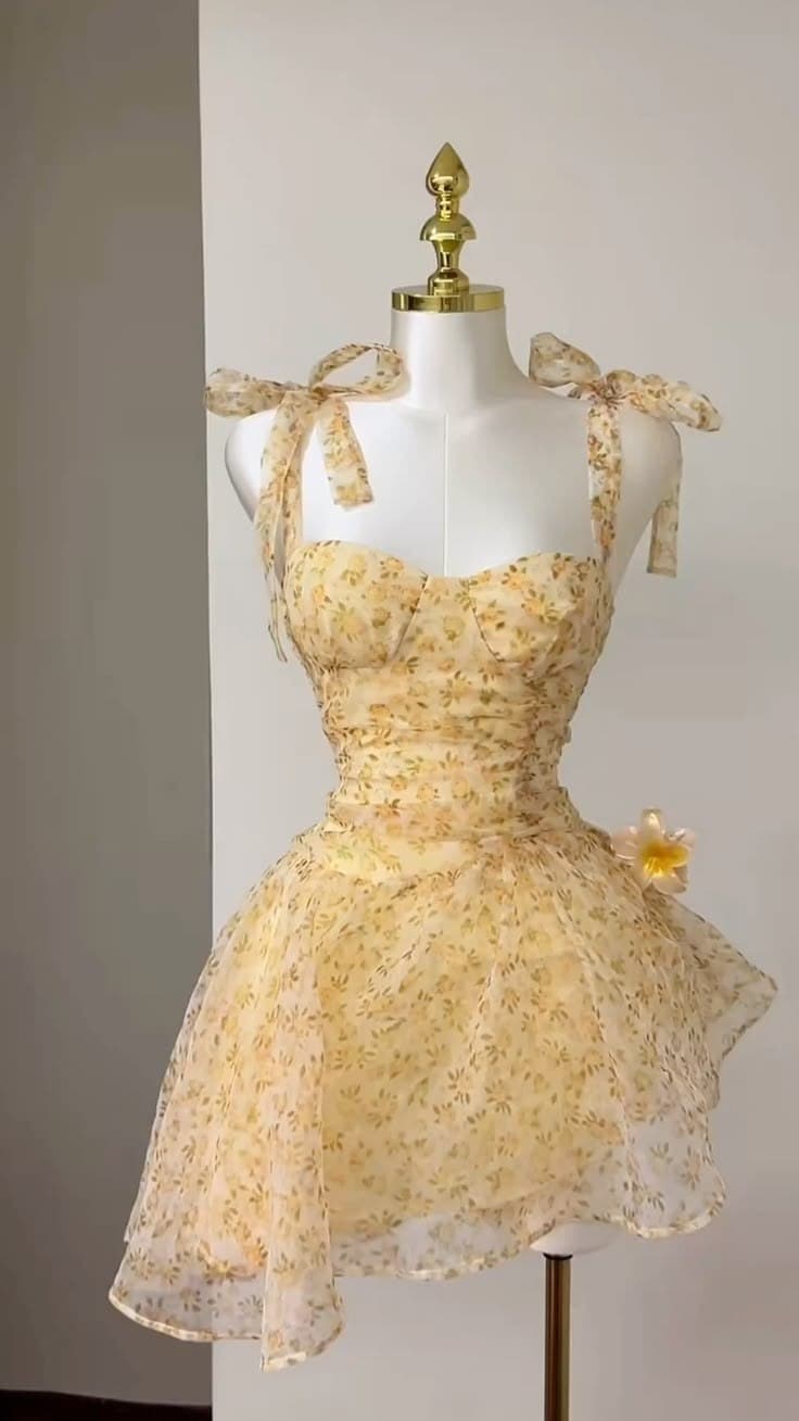 Yellow Flora Tie-Shoulder Corset Mini Dress