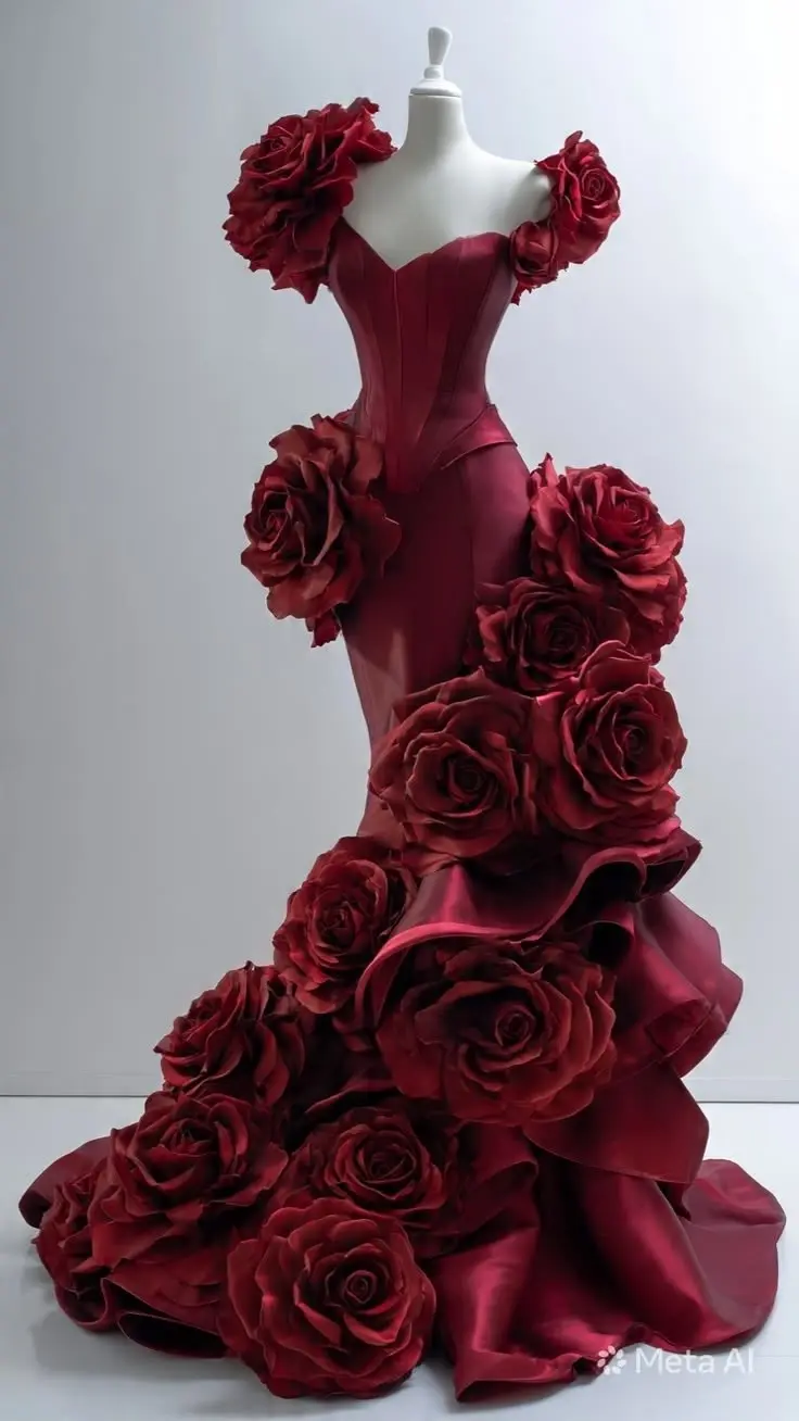 Burgundy 3D Rose Mermaid Couture Gown