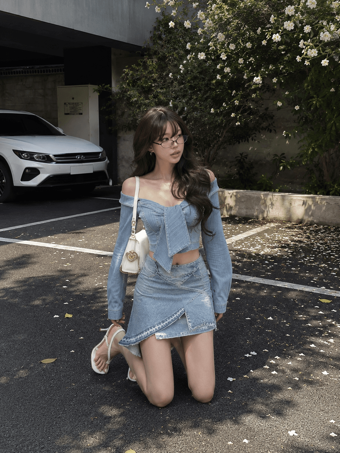     Off-Shoulder Tie-Front Denim Crop Top (Blue Denim Blouse) 2
