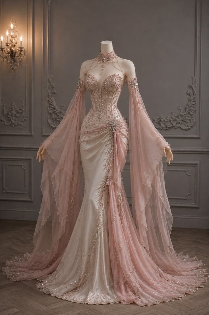 Blush Pink Mermaid Gown with Sheer Cape Sleeve