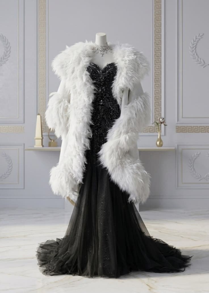Black Beaded Mermaid Gown with White Faux Fur Coat